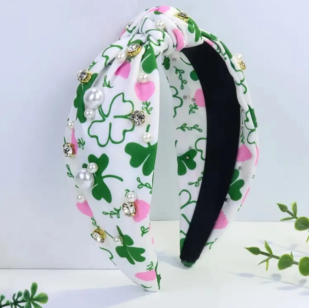 Headband Colorful Clover Leaf Wide Faux Pearl Sparkling Rhinestones